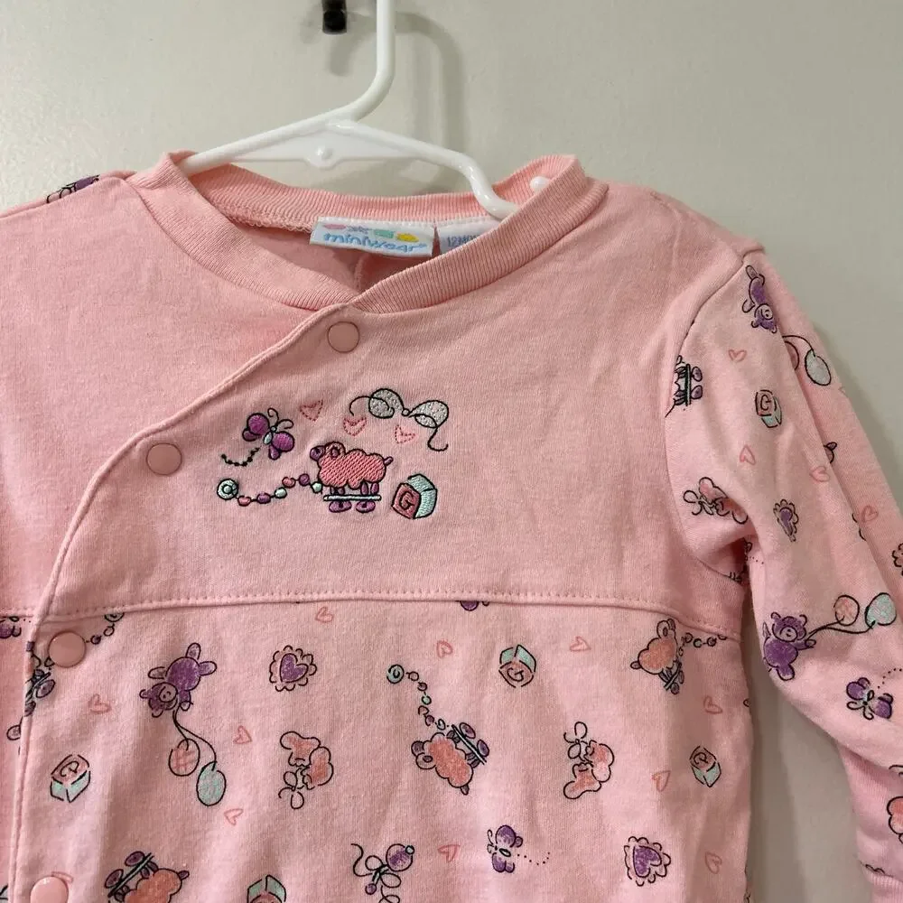 Lot of 2 Miniwear Vintage Baby Girls Sz 12 Months Long Sleeve Rompers Pink Green